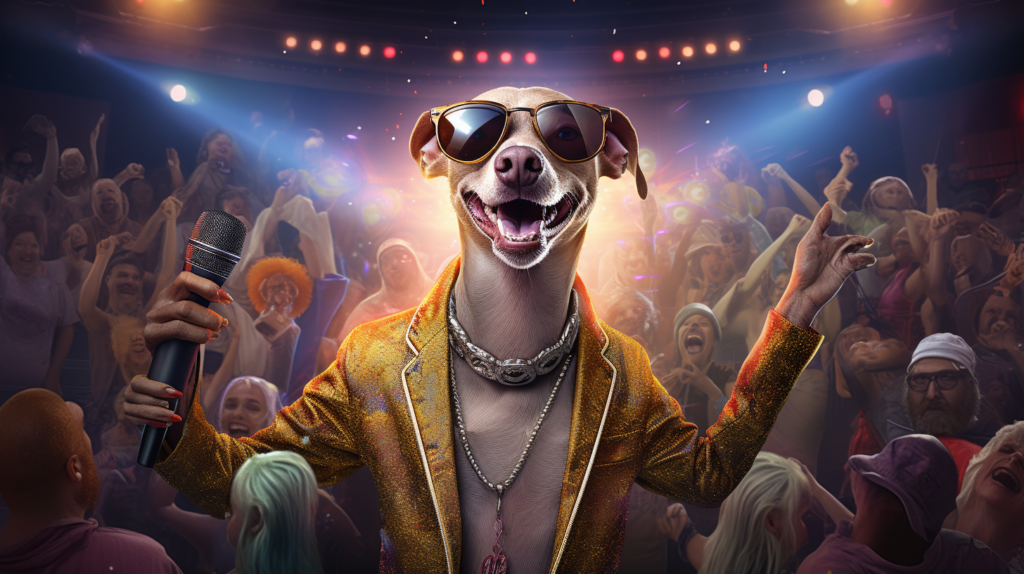 Italian Greyhound named Aldee, surrounded by a vibrant crowd of Italian dog owners, as they gather at a concert venue reminiscent of Jason Aldean's electrifying performances