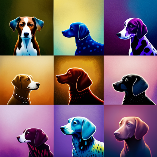 An image showcasing a vibrant collage of dog silhouettes, each adorned with different spotted or patchy coats