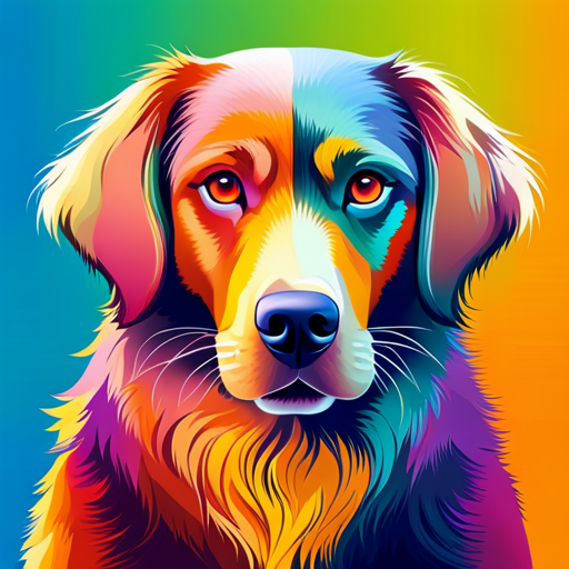 An image showcasing a playful, vibrant palette of colors, with a collage of dog breeds featuring multi-colored coats