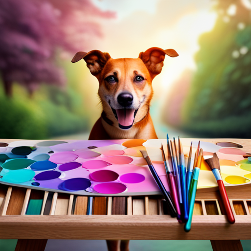 An image showcasing a vibrant palette of colors, with an artist's palette filled with dog-themed paintbrushes, each brush representing a unique dog name