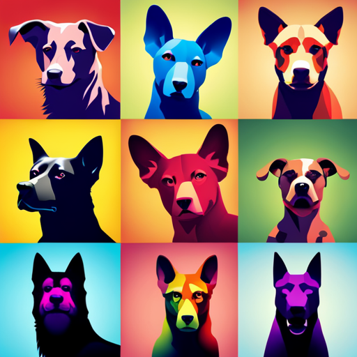 An image showcasing a vibrant collage of ten dog silhouettes, each labeled with a different unique name generated by the Dog Name Generator
