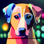 An image showcasing a vibrant digital interface with a sleek design, displaying a multitude of colorful icons representing various dog breeds, while a name generator algorithm processes and generates unique dog names in real-time