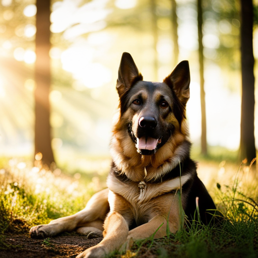  the essence of the wilderness with an image showcasing a lush forest backdrop where a majestic German Shepherd, named Aspen, basks in the golden sunlight filtering through the towering trees