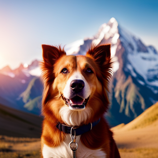 An image featuring a majestic, snow-capped mountain range as a backdrop, with a playful, adventurous-looking dog standing proudly in the foreground, embodying the spirit of mountain-inspired dog names