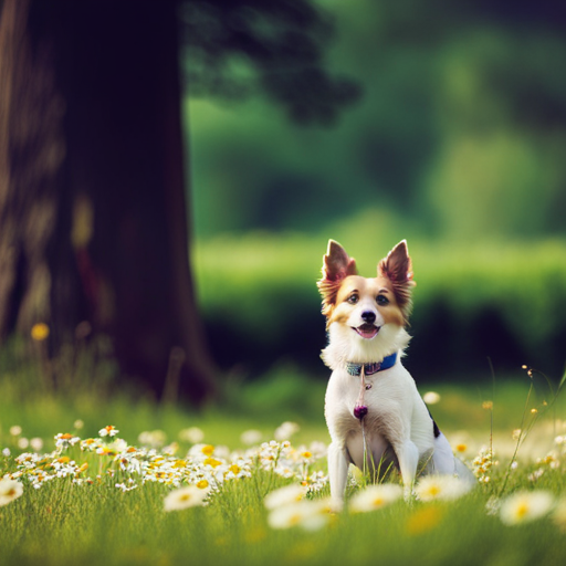 An image featuring a serene meadow filled with vibrant wildflowers, where a majestic dog named Lily frolics among blooming daisies, while a dashing canine named Oak rests under a towering tree