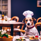 An image showcasing a charming dog wearing a chef's hat, sitting next to a dining table adorned with gourmet dishes