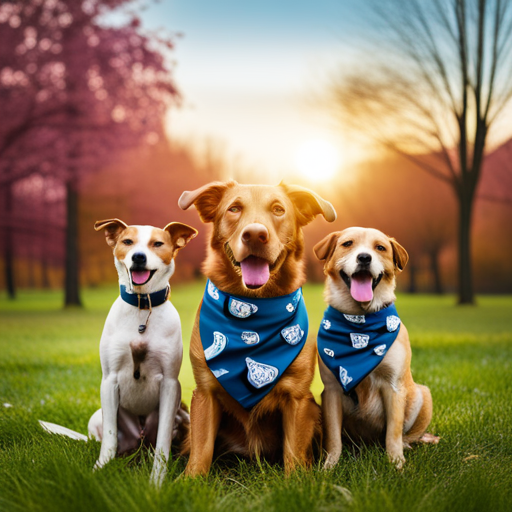 An image showcasing a vibrant park scene with dogs wearing personalized bandanas featuring unique names like "Sir Barksalot," "Captain Woofington," and "Duchess Pawsome," capturing the trend of unconventional and creative dog names