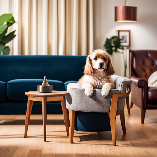 An image showcasing a sleek, minimalist living room with a trendy twist, featuring a regal-looking dog named "Rexington" lounging on a mid-century modern chair, embodying the modernization of traditional dog names