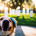 An image showcasing a futuristic, sleek dog park surrounded by holographic name tags floating above dogs of various breeds