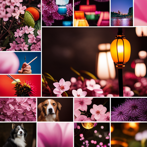 An image featuring a vibrant collage of traditional Asian symbols, such as cherry blossoms, calligraphy brushes, and colorful lanterns, surrounding a central focus of diverse dog breeds in various unique Asian-inspired names