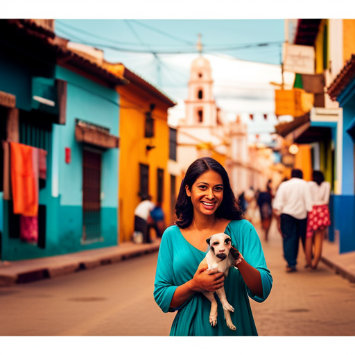 An image showcasing a vibrant Latin American street scene with colorful houses, where locals gather, celebrating their culture by playfully naming their dogs after popular Latin American foods, such as "Taco" or "Churro"
