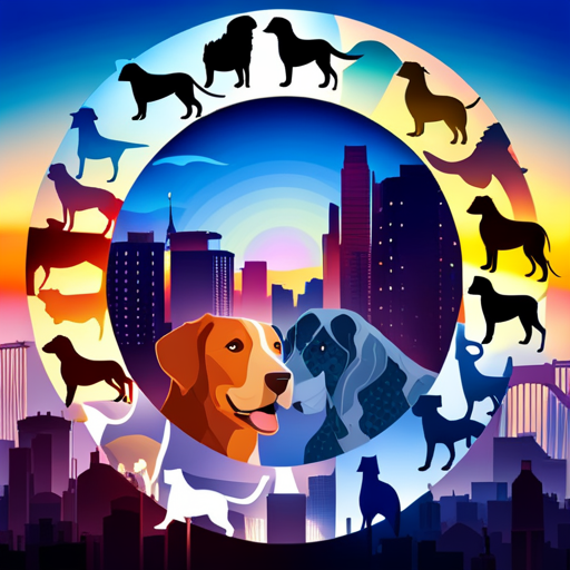 An image showcasing a vibrant mosaic of dog breed silhouettes forming a circular pattern, each silhouette representing a different breed