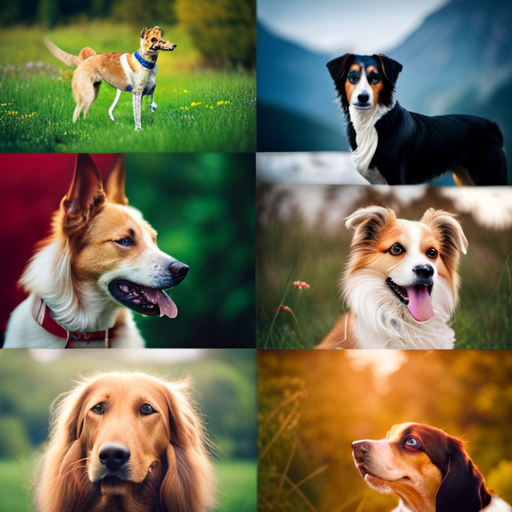 An image showcasing a vibrant collage of diverse dog breeds, ranging from regal hounds to playful terriers, exuding a variety of themes like nature, mythology, and food, capturing the essence of exploring different categories and themes in the AKC Registered Dog Name Generator