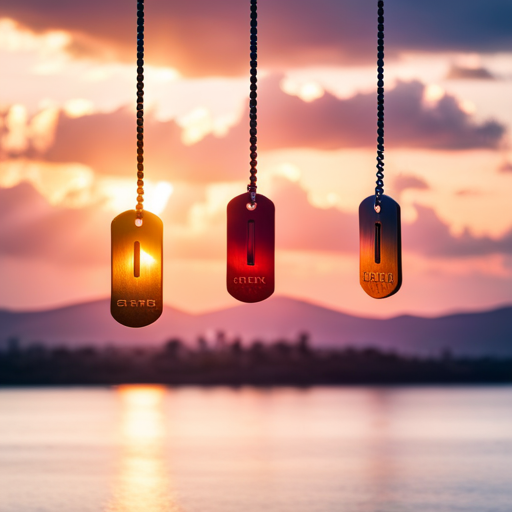 An image of three colorful dog tags, each with a unique name, hanging from a single hook