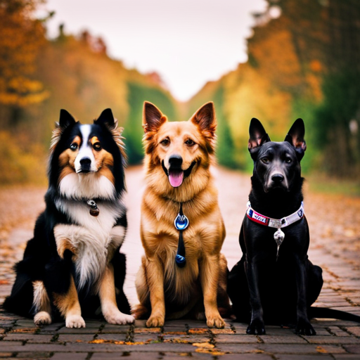 An image featuring a diverse group of dogs sitting together, each with a unique collar displaying their individual names
