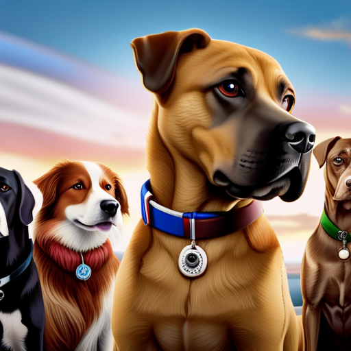 An image showcasing a diverse group of dogs of various breeds and sizes, each wearing a collar with a flag representing different languages