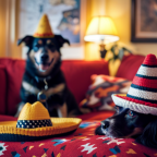 An image showcasing a cozy living room with two happy dogs, one wearing a sombrero and the other sporting a beret
