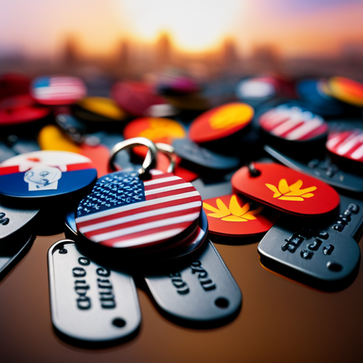 An image showcasing a colorful collage of dog tags adorned with symbols, flags, and icons representing different cultures and languages
