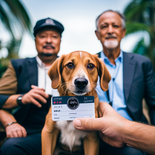 An image depicting a dog with a confused expression, sitting between two bilingual owners, each holding a nametag with different languages