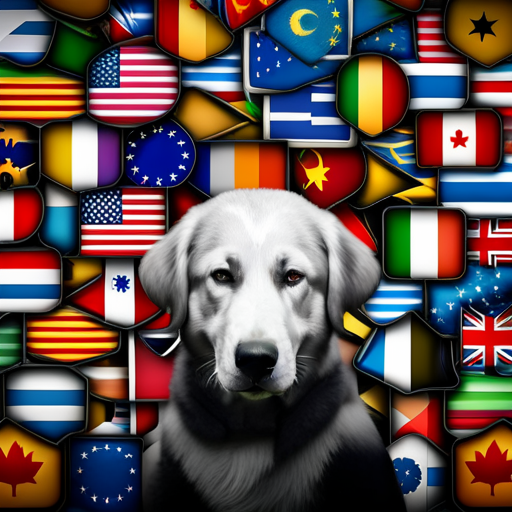 An image showcasing a colorful collage of international flags, intertwined with dog silhouettes
