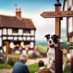 An image showcasing a medieval-inspired village with villagers gathered around a grand wooden signpost, playfully painting names onto dog collars