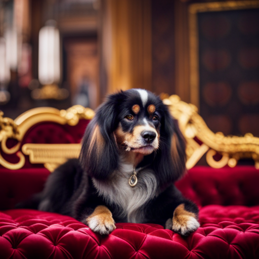 An image showcasing a regal-looking pedigree dog sitting on a velvet cushion, surrounded by ornate nameplates engraved with elegant and distinctive dog names, highlighting the significance of pedigree dog names