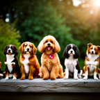 An image of a diverse group of beautifully groomed pedigree dogs, each wearing a unique name tag that reflects their breed's heritage