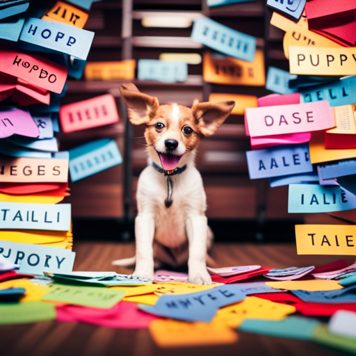 An image featuring a playful puppy surrounded by a colorful array of name tags, each displaying a unique and creative puppy name