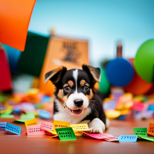 An image featuring a playful puppy surrounded by a colorful array of name tags, each displaying a unique and creative puppy name