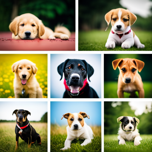 An image showcasing a vibrant collage of adorable puppy photos, each representing a different name category