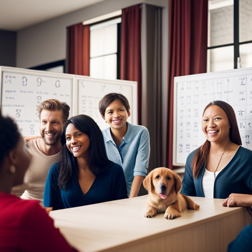 An image showing a family gathering around a whiteboard filled with various puppy names, each crossed out except for one, as they joyfully point and smile, while their adorable puppy looks up at them with excitement