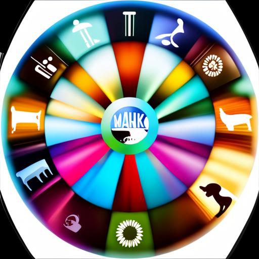 An image showcasing a vibrant and whimsical dog name wheel, adorned with an array of unique and uncommon dog names