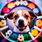 An image showcasing a vibrant, colorful dog-themed carnival wheel, adorned with a variety of whimsical dog names like "Biscuit," "Pawsome," and "Wagtail