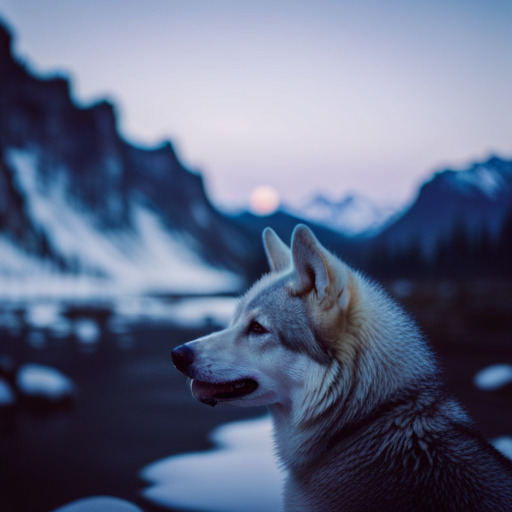 An image showcasing a serene snowy landscape with a majestic wolf-like dog, embodying the spirit of Nordic mythology