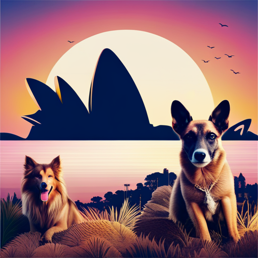 An image showcasing a vibrant collage of Australian icons like kangaroos, boomerangs, and Sydney Opera House, blended with playful elements like dog paw prints and a colorful map of Australia to represent the unique and diverse range of Australian dog names