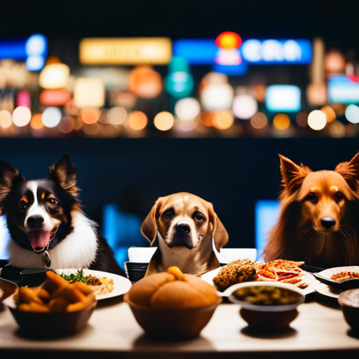 An image featuring a diverse range of dog breeds, each named after a mouthwatering international dish