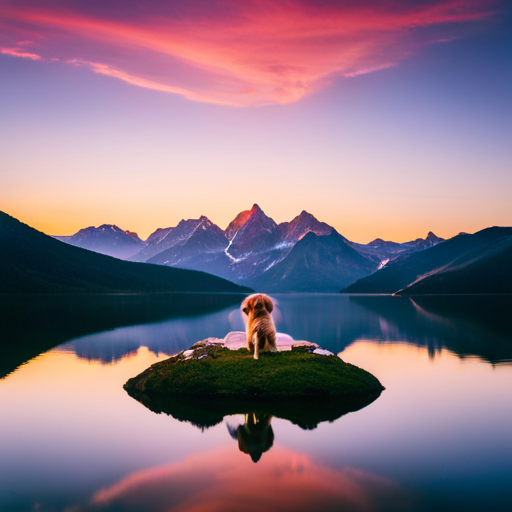 An image showcasing a majestic mountain range towering over a serene lake, reflecting the vibrant hues of a breathtaking sunset