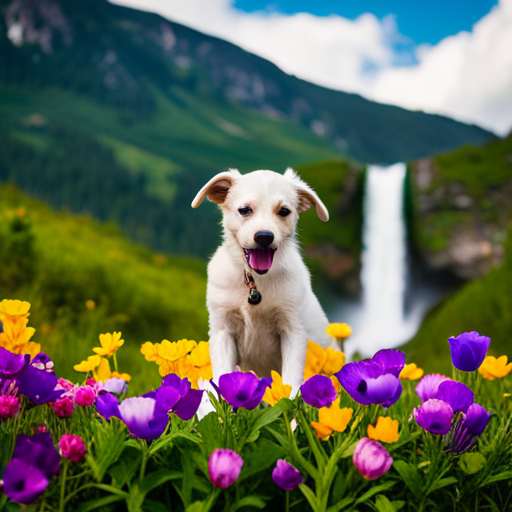 An image featuring a playful puppy perched atop a majestic mountain peak, surrounded by vibrant wildflowers and a cascading waterfall in the background