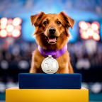 An image of a beautifully groomed dog standing on a show ring podium, adorned with a sparkling collar and a shiny medal