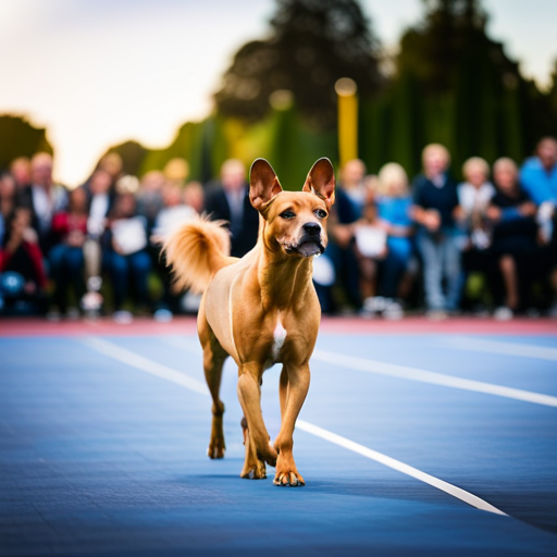 An image showcasing a diverse range of dog breeds against a backdrop of a sparkling show ring, highlighting the importance of breed-specific factors like size, coat color, and distinctive physical features when selecting the perfect AKC name for your show-ready canine companion