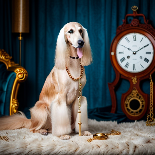 An image showcasing a regal Afghan Hound standing on a grand, velvet carpet surrounded by elegant, vintage props like pearl necklaces, a gold pocket watch, and a quill pen