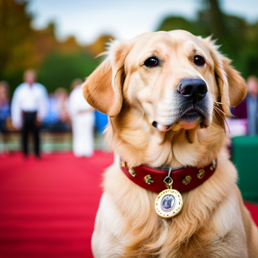 An image showcasing a regal, golden retriever gazing confidently at the camera, adorned with a sparkling, customized AKC collar