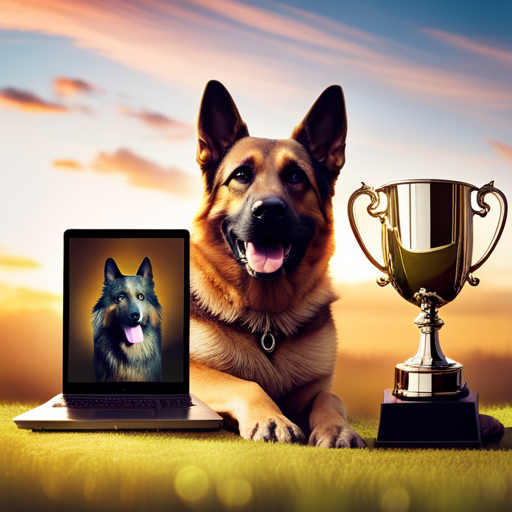 An image featuring a sparkling gold trophy, with a majestic German Shepherd beside it, posing elegantly