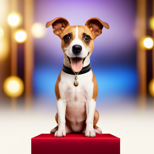 An image capturing a glamorous show dog standing confidently on a podium, adorned with a regal collar and a shiny name tag, while a selection of elegant name options hover above in a whimsical, ethereal font