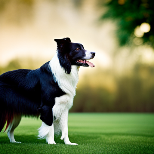 An image showcasing a regal, black-and-white Border Collie standing proudly on a lush green field, adorned with a classic red and gold ribbon, evoking elegance and timelessness