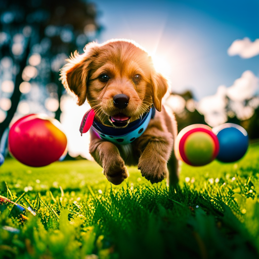 A vibrant image showcasing a playful scene: a group of adorable puppies romping in a grassy field, chasing colorful toy balls, while wearing tiny bandanas with AKC registered names like "Lively Luna" and "Cheerful Charlie