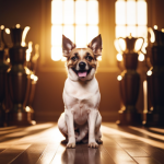 An image showcasing a beautifully adorned show dog, standing confidently on a polished wooden floor, surrounded by shiny trophies, ribbons, and grooming tools, evoking the excitement and anticipation of AKC Registered Name Ideas