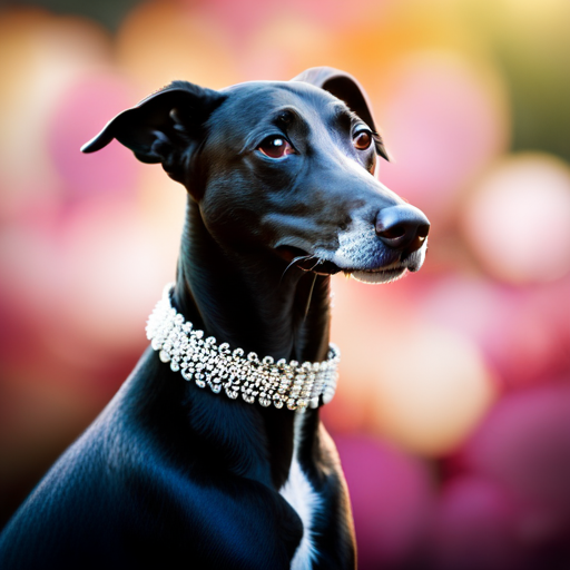 An image showcasing a regal greyhound in a luxurious setting, adorned with a shimmering silver collar
