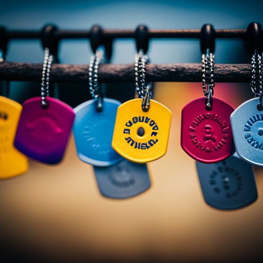 An image showcasing a vibrant palette of colorful dog tags, each inscribed with unique AKC registered names