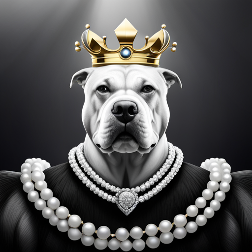 An image featuring a sleek, black and white logo of an American Bully's head with a golden crown, surrounded by luxurious elements like a diamond necklace, pearl bracelet, and a refined monogram